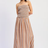 Embroidered Smocking Stripe Maxi Dress