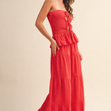 Gauze Strapless Peplum Top and Tiered Pant