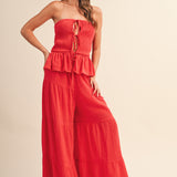 Gauze Strapless Peplum Top and Tiered Pant