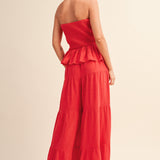 Gauze Strapless Peplum Top and Tiered Pant