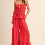 Gauze Strapless Peplum Top and Tiered Pant