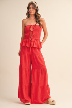Gauze Strapless Peplum Top and Tiered Pant