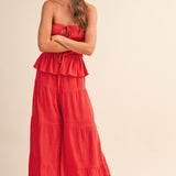 Gauze Strapless Peplum Top and Tiered Pant