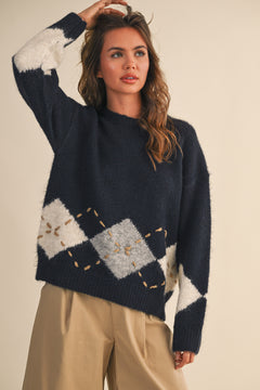 Sweater With Square Patch Detail - blue, womens sweater collection
