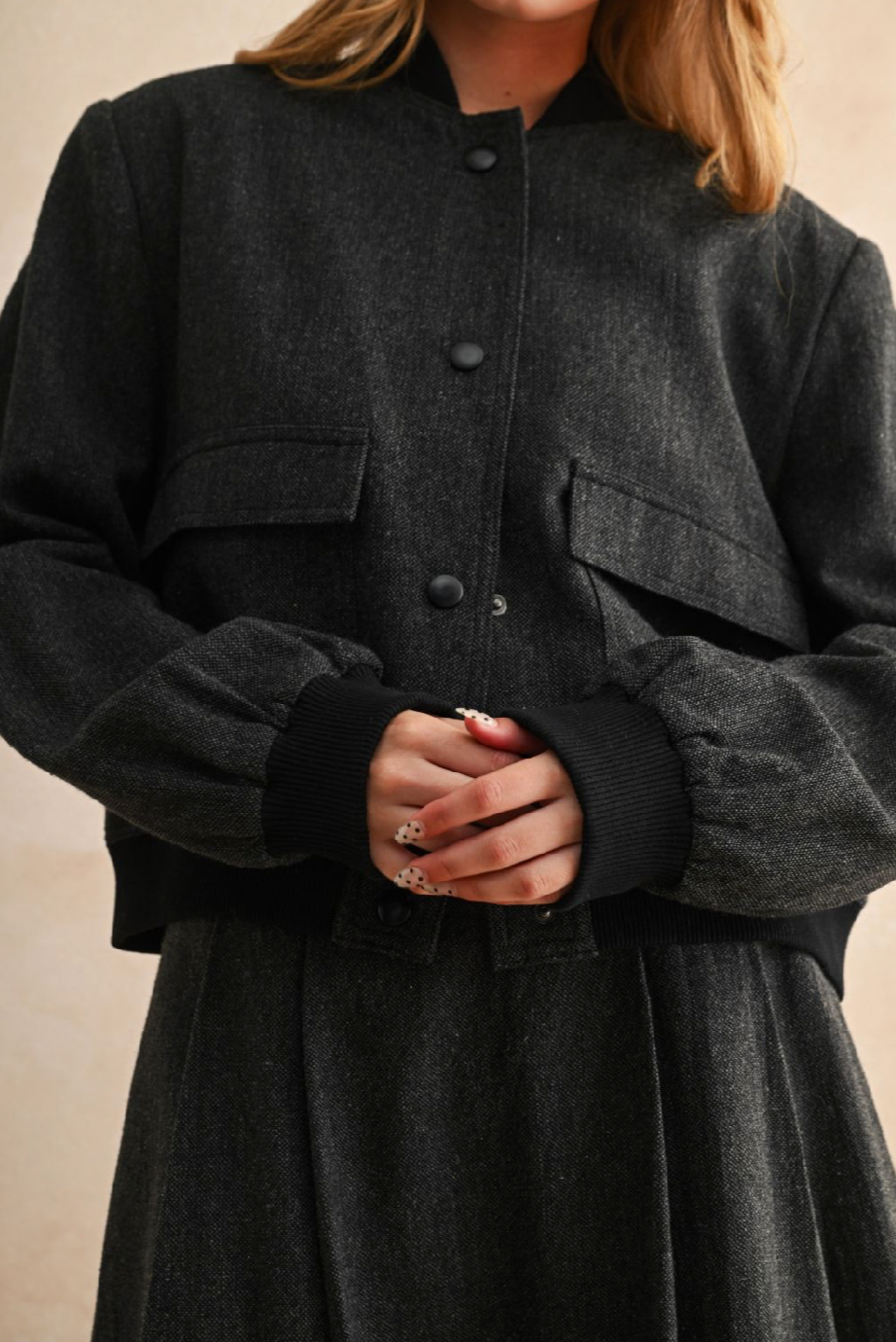 Two Tone Fabric Bomber Jacket - black, womens jacket collection