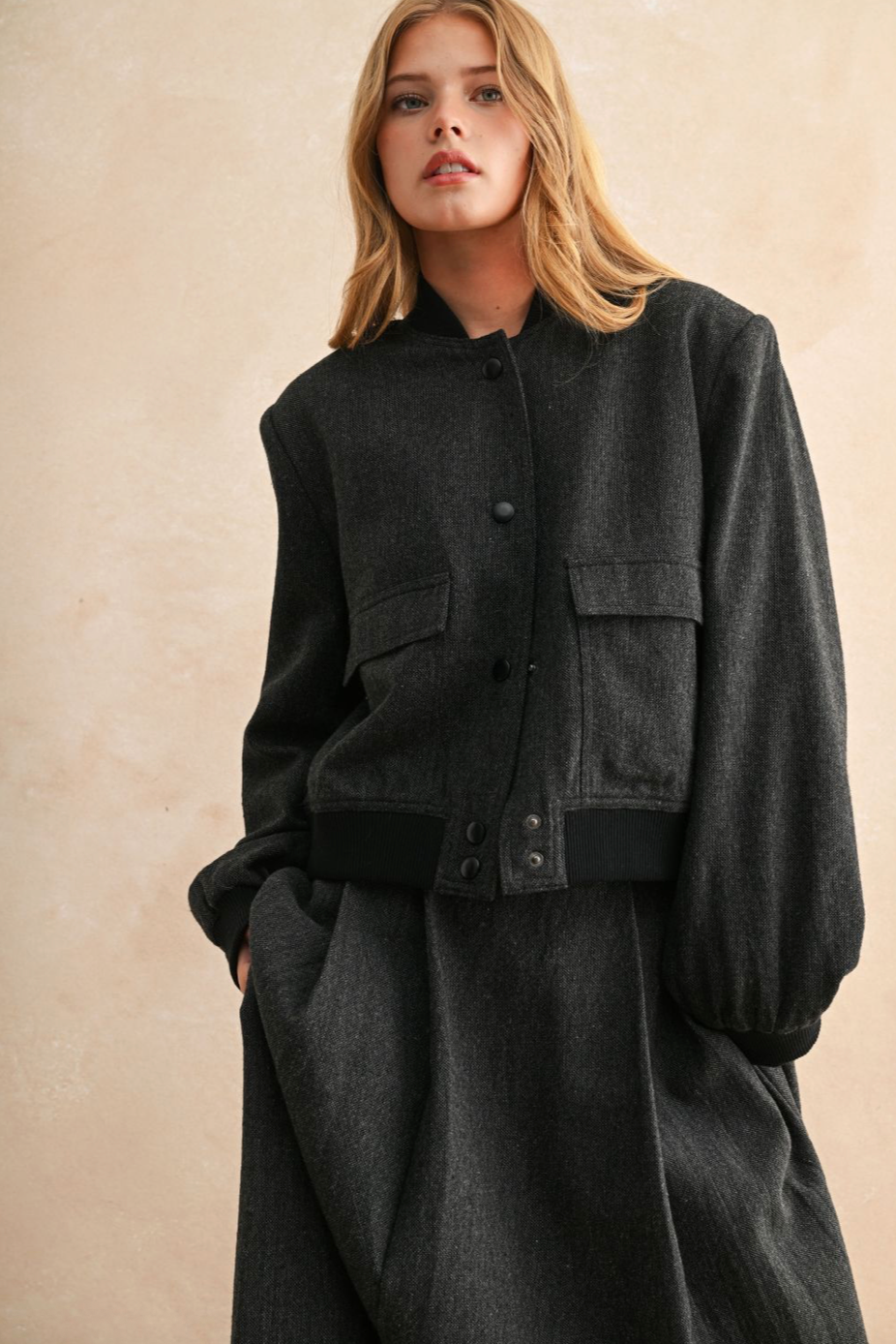 Two Tone Fabric Bomber Jacket - black, womens jacket collection