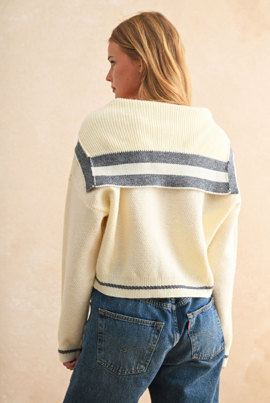 Sailor Style Sweater Cardigan - Off White/Navy, Women's Tops Collection