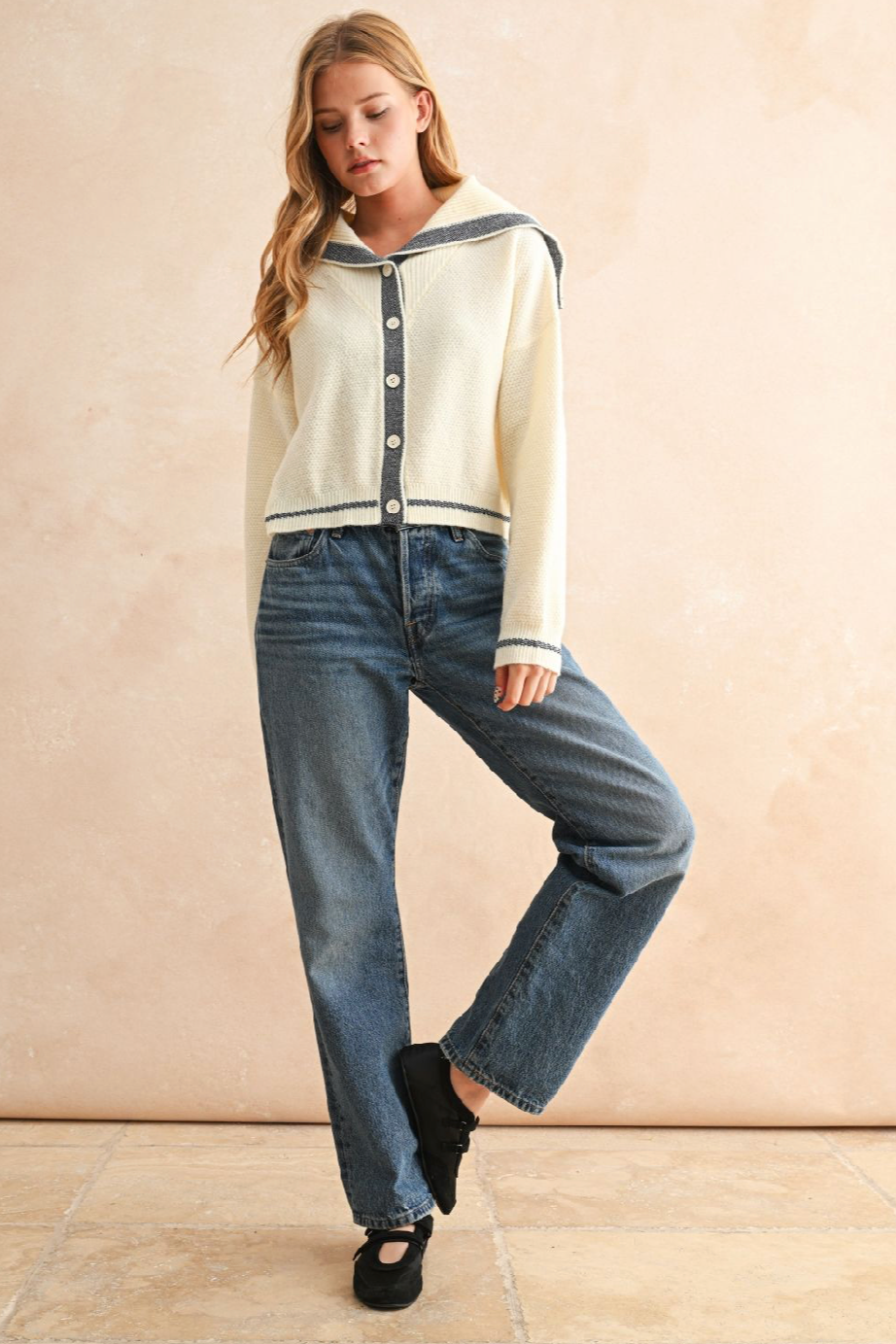 Sailor Style Sweater Cardigan - Off White/Navy, Women's Tops Collection