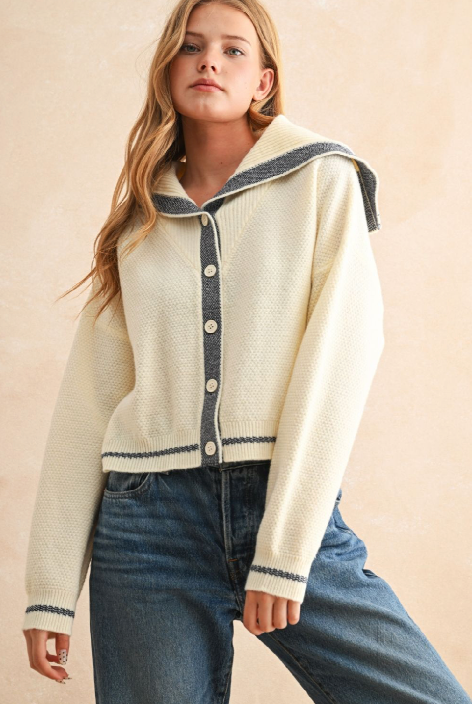 Sailor Style Sweater Cardigan - Off White/Navy, Women's Tops Collection