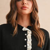 Lace Trim Knit Cardigan - black with white lace trim, womens cardigan collection