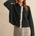 Lace Trim Knit Cardigan - black with white lace trim, womens cardigan collection