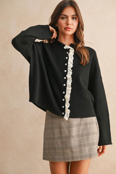 Lace Trim Knit Cardigan - black with white lace trim, womens cardigan collection
