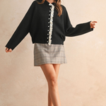 Lace Trim Knit Cardigan - black with white lace trim, womens cardigan collection