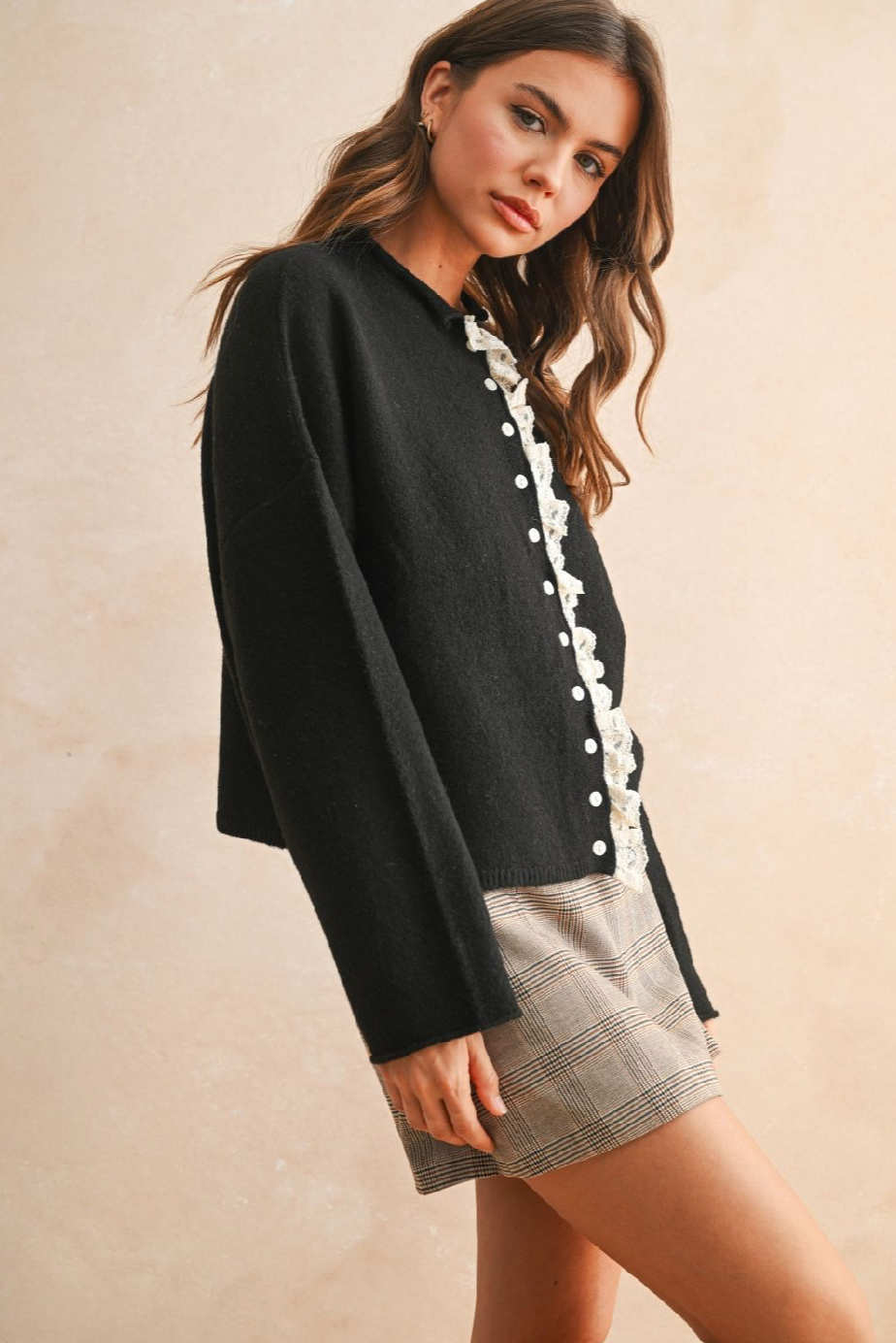 Lace Trim Knit Cardigan - black with white lace trim, womens cardigan collection