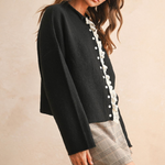 Lace Trim Knit Cardigan - black with white lace trim, womens cardigan collection