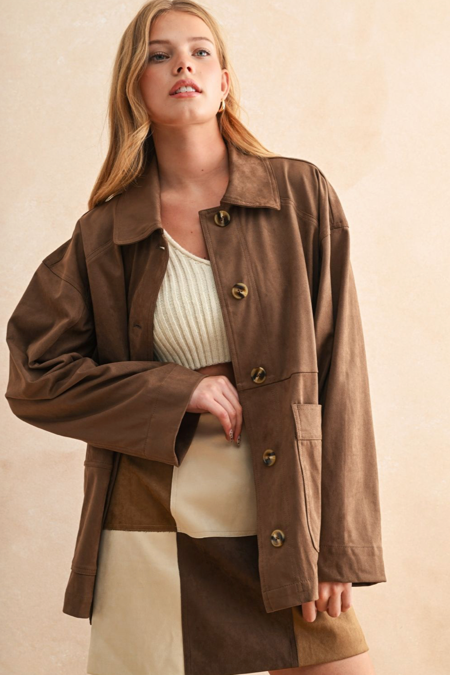 Suede Button Front Jacket - brown, womens jacket collection