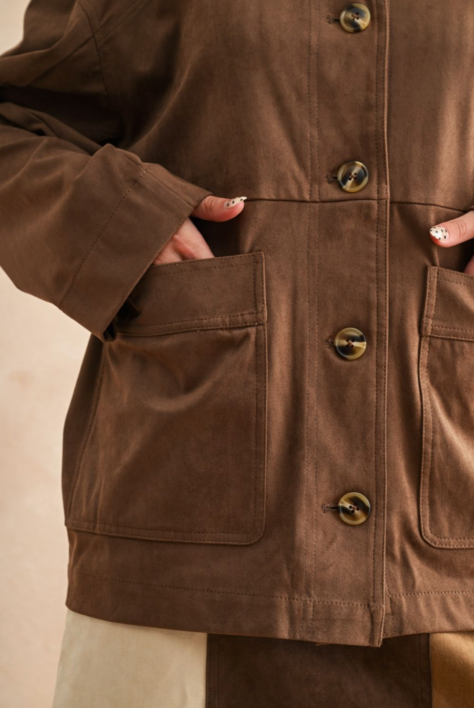 Suede Button Front Jacket - brown, womens jacket collection