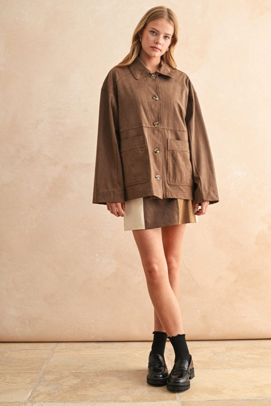 Suede Button Front Jacket - brown, womens jacket collection