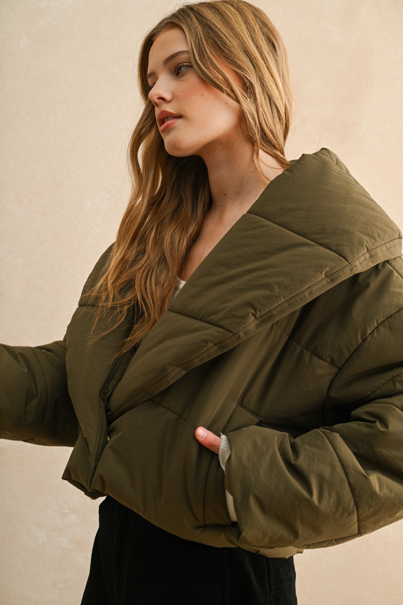 Big Collared Puffer Jacket - olive, womens jackets collection