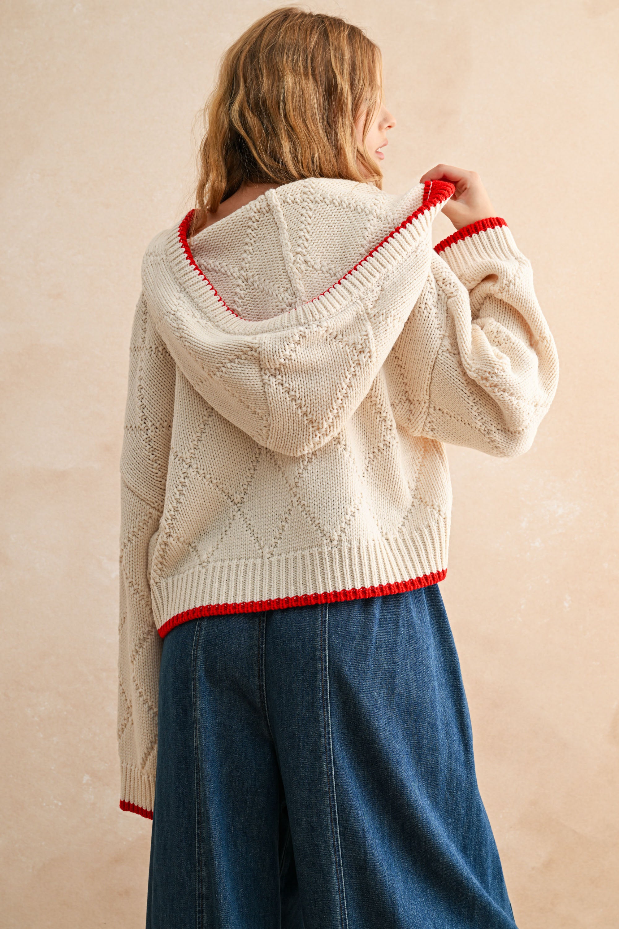 Button Up Sweater Jacket - cream/red, womens sweater collection