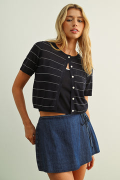 Stripe Patterned Short Sleeve Cardigan With Top