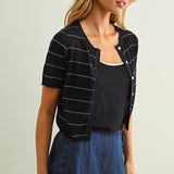 Stripe Patterned Short Sleeve Cardigan With Top