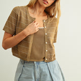 Stripe Patterned Short Sleeve Cardigan With Top