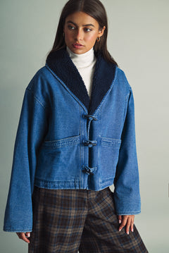 Sherpa Lined Toggle Button Denim Jacket