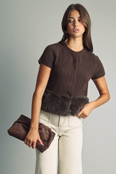 Fur Trimmed Button Front Top