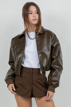 Faux Leather Bomber Jacket - olive, womens jacket collection