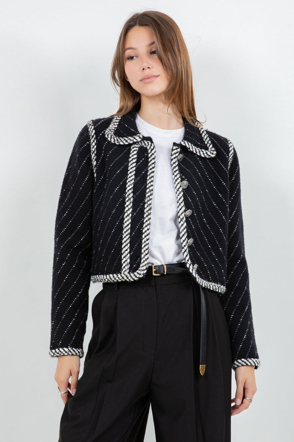 Tweed Affect Button Down Jacket - Black Multi, Women's Jackets Collection