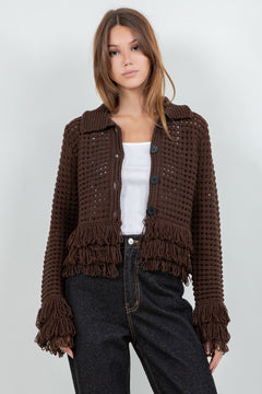 Fringe Detail Button Down Cardigan - brown, womens cardigan collection