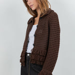 Fringe Detail Button Down Cardigan - brown, womens cardigan collection