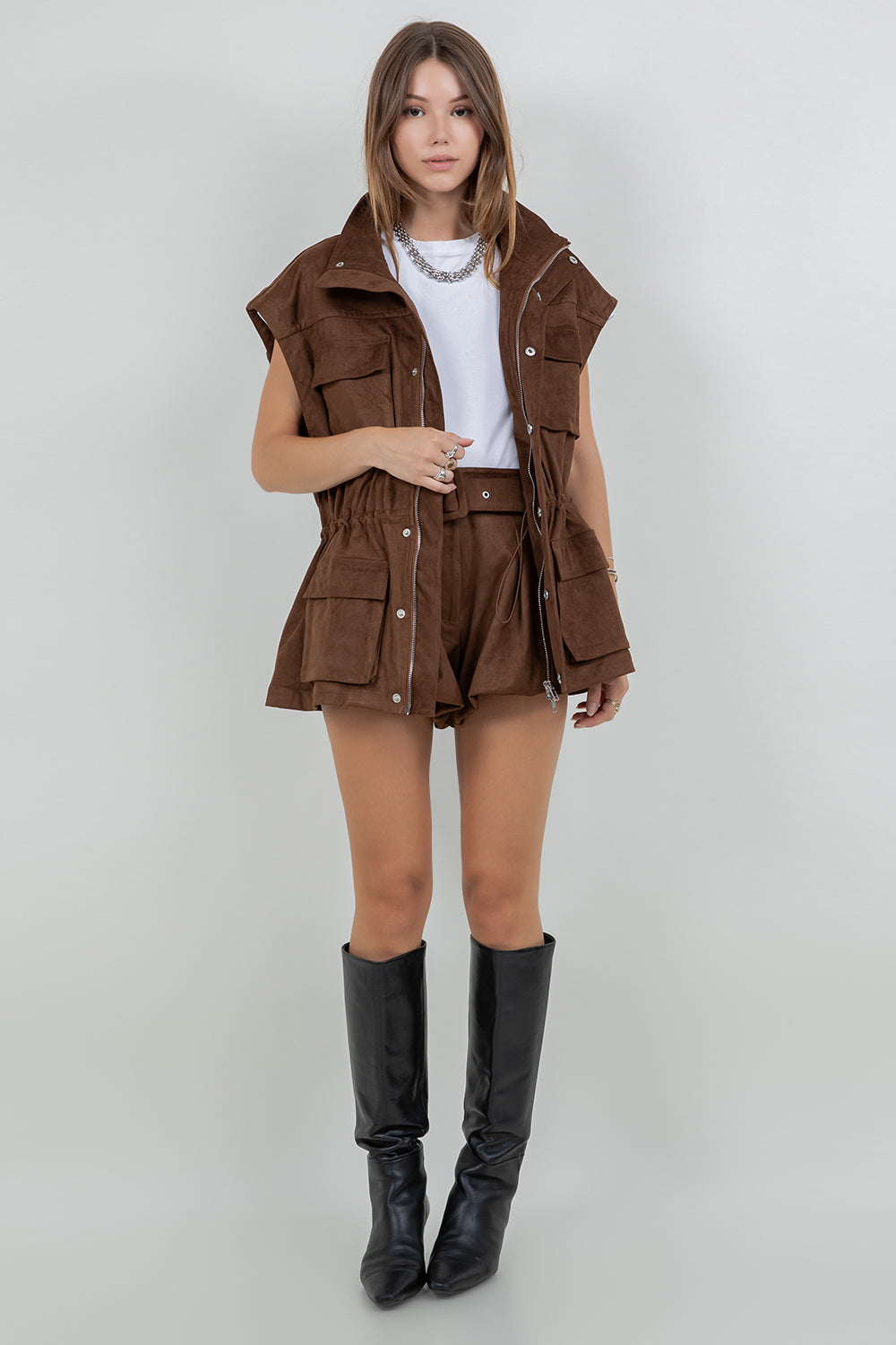 Suede Cargo Oversized Vest - brown, womens vest collection