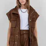 Suede Cargo Oversized Vest - brown, womens vest collection