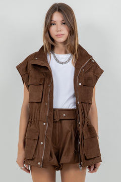 Suede Cargo Oversized Vest - brown, womens vest collection