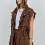 Suede Cargo Oversized Vest - brown, womens vest collection