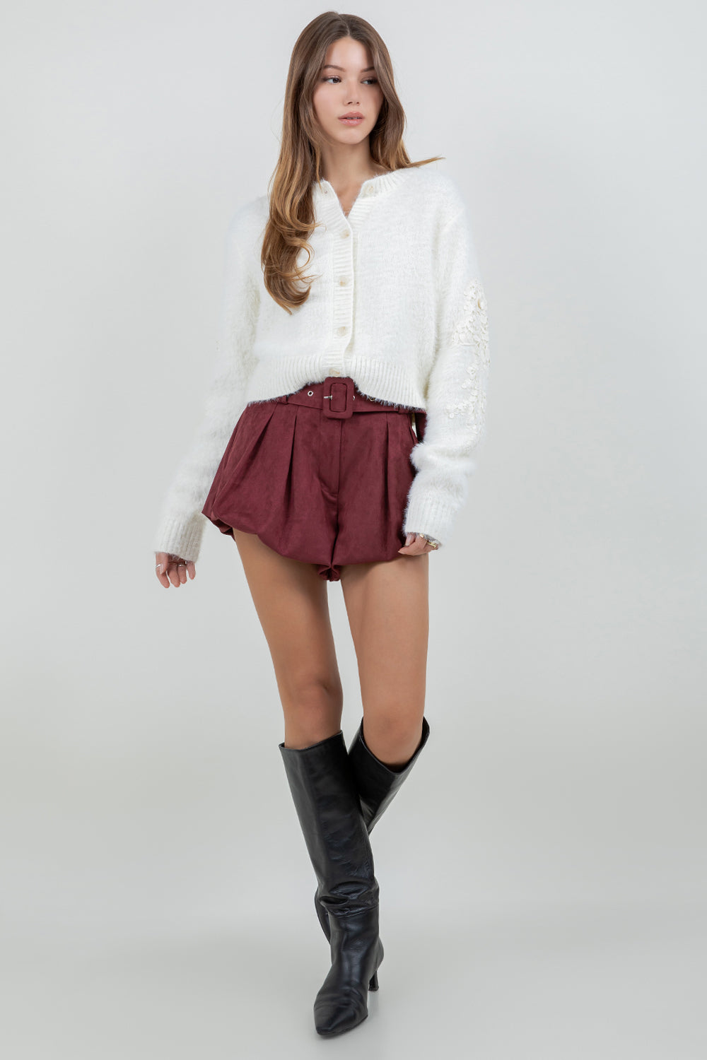 Fuzzy Knit Cardigan Sweater - WHITE, WOMENS CARDIGAN COLLECTION