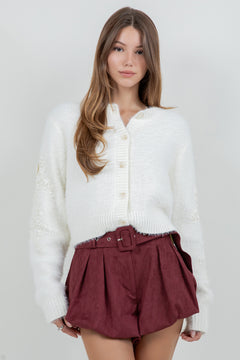 Fuzzy Knit Cardigan Sweater - WHITE, WOMENS CARDIGAN COLLECTION