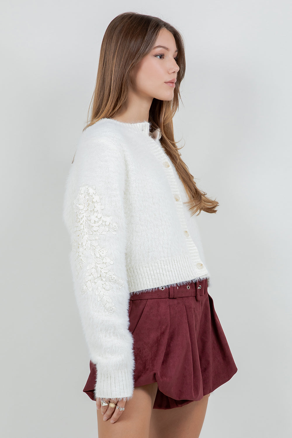 Fuzzy Knit Cardigan Sweater - WHITE, WOMENS CARDIGAN COLLECTION