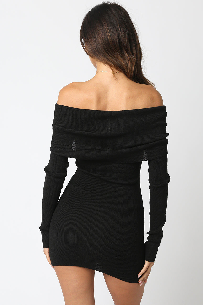 Off Shoulder Sweater Dress - black, womens mini dress collection