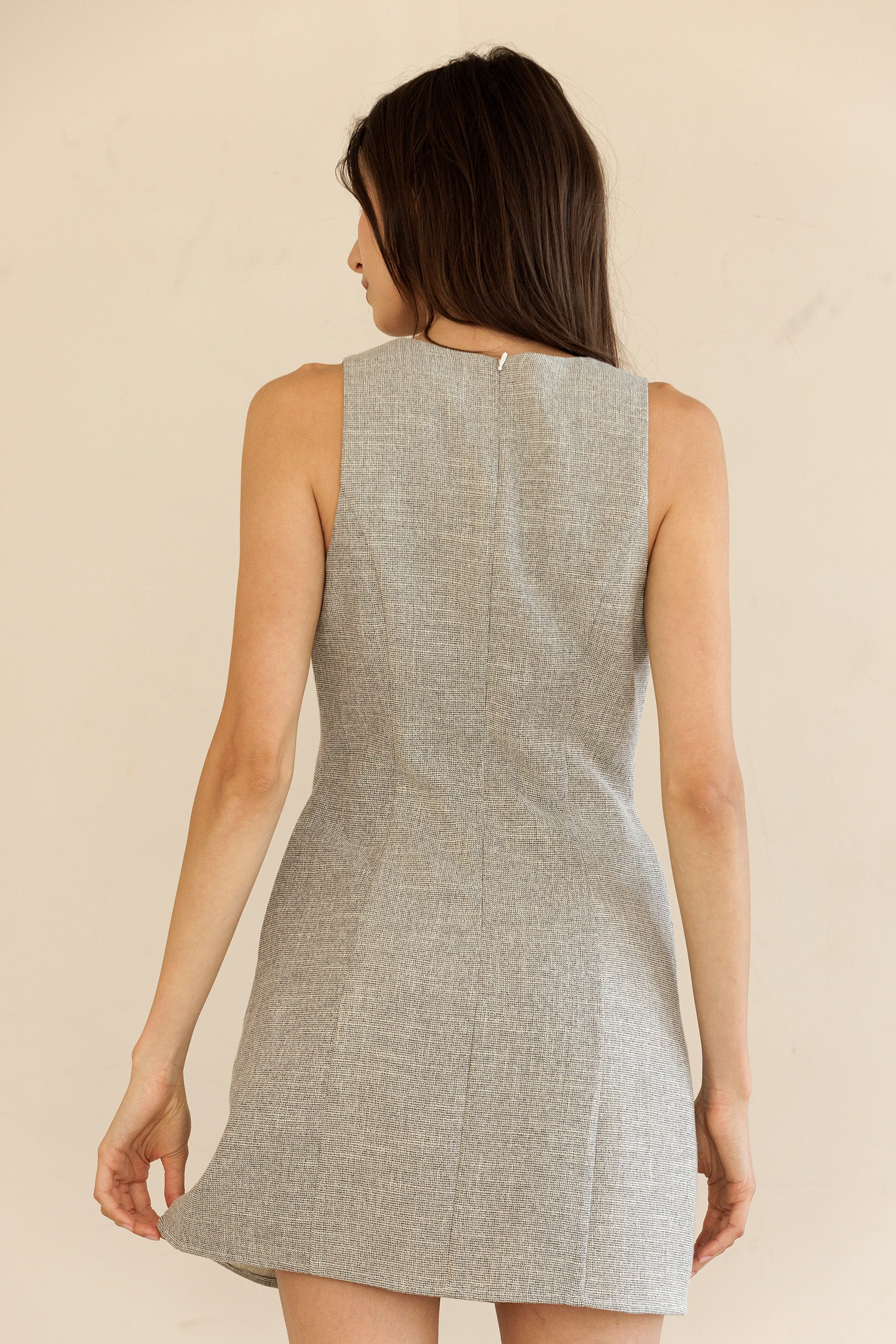 V Neck Sleeveless Mini Dress - White/Grey, Women's Dresses Collection