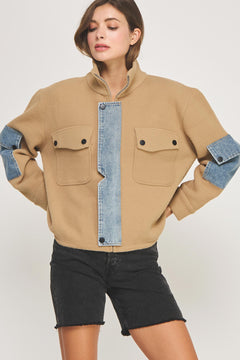 Mock Neck Jacket With Denim Detail - camel/denim, womens jacket collection