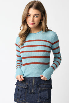 Stripe Long Sleeve Rib Top - Blue/Rust, Women's Tops Collection