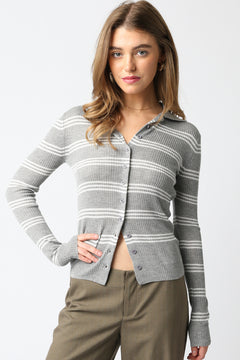 Sweater With Buttons - grey/white striped, womens sweater collection