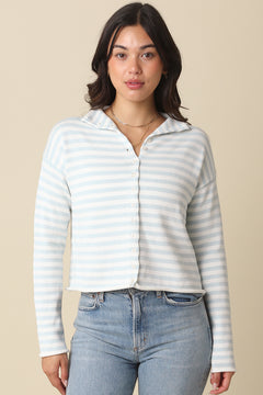 Stripe Button Down Mock Neck Cardigan