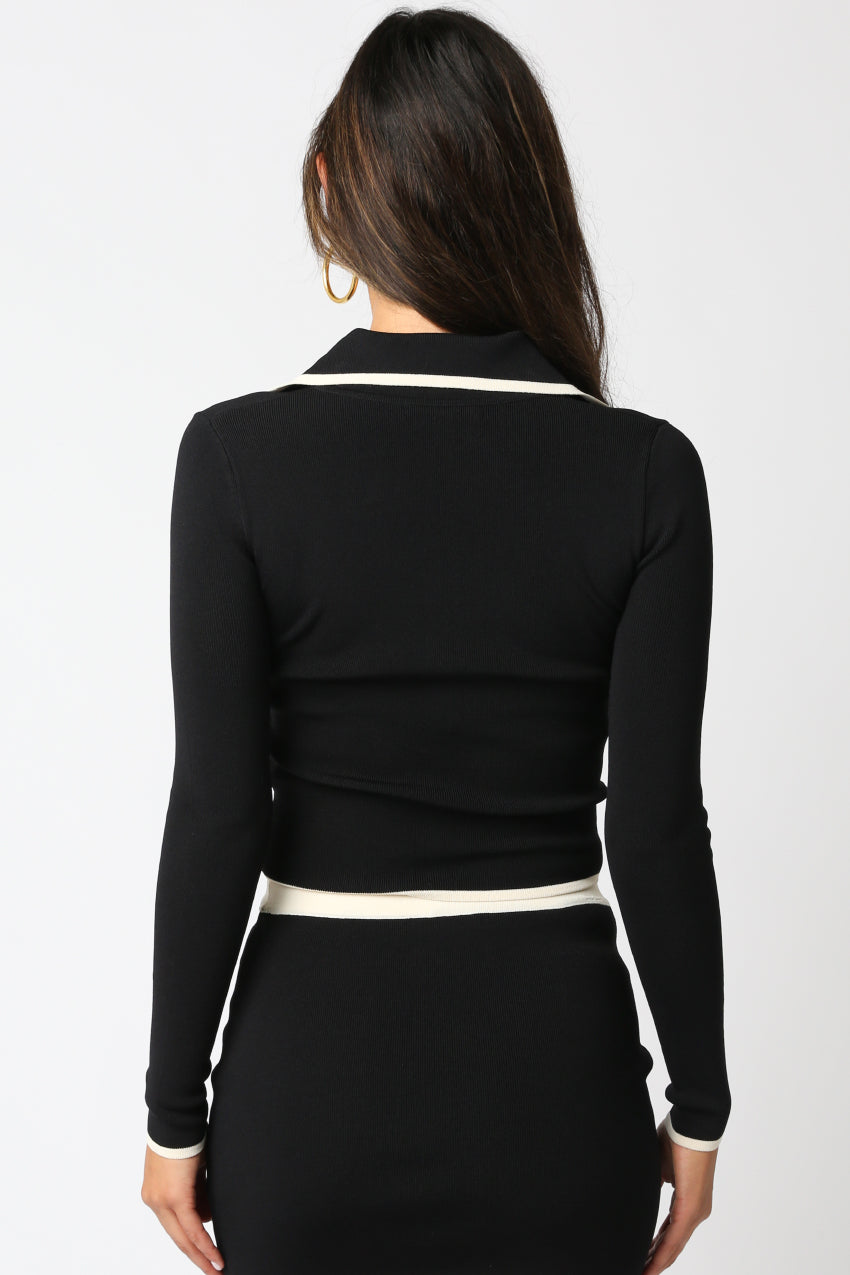 Button Front Top With Contrast Collar - black, womens top collection
