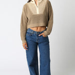 Cropped Half Zipper Sweater - Khaki Combo, Women's Tops Collection