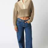 Cropped Half Zipper Sweater - Khaki Combo, Women's Tops Collection