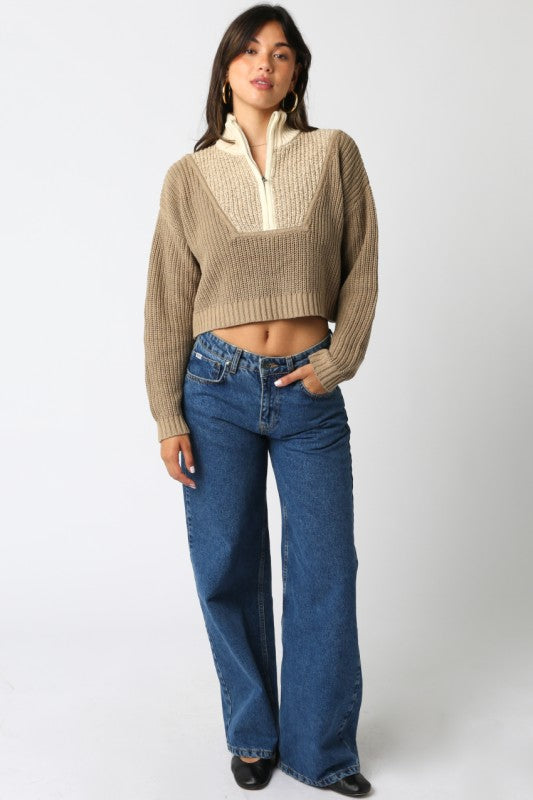 Cropped Half Zipper Sweater - Khaki Combo, Women's Tops Collection